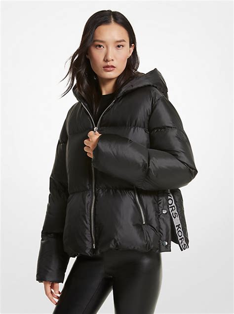 michael kors metallic ciré logo tape puffer jacket|Michael Kors.